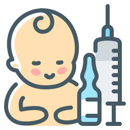 bambino con biberon e siringa da vaccino